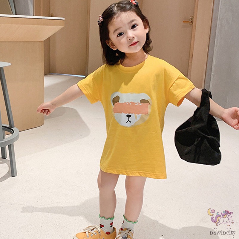 Đầm thun tay ngắn in họa tiết hoạt hình phong cách Hàn Quốc cho bé gái