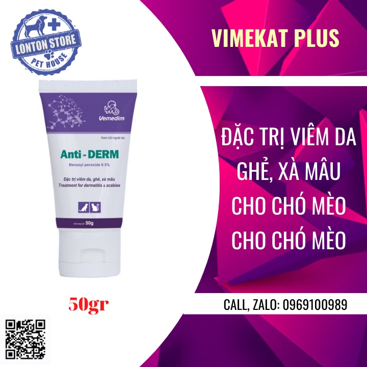 VEMEDIM Anti derm - Gel Bôi Da Phòng Ghẻ, Viêm Da, Vết Thương, Lở Loét, Xà Mâu Cho Chó Mèo Anti Derm 50g - Lonton Store