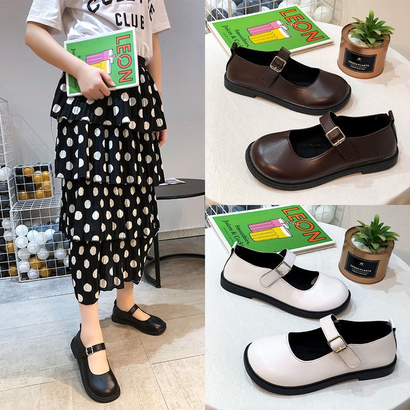 Giày marry Jane nữ da nhám 3 màu đen, trắng và nâu cài quai vuông