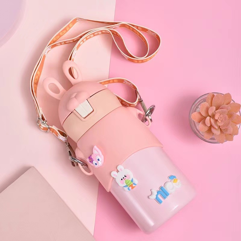 Bình Giữ Nhiệt Tai Thỏ 500ml Cao Cấp, Có Ống Hút, Dây Đeo Và Kèm Sticker Dễ Thương