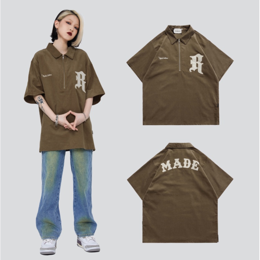 Áo Polo bông from rộng áo polo nhung tăm Thời Trang áo thun nam có cổ Nhật Hàn Đơn Giản dây kéo nhung áo thun có cổ nữ unisex áo phông polo nam áo polo nam dây kéo áo Thun Polo