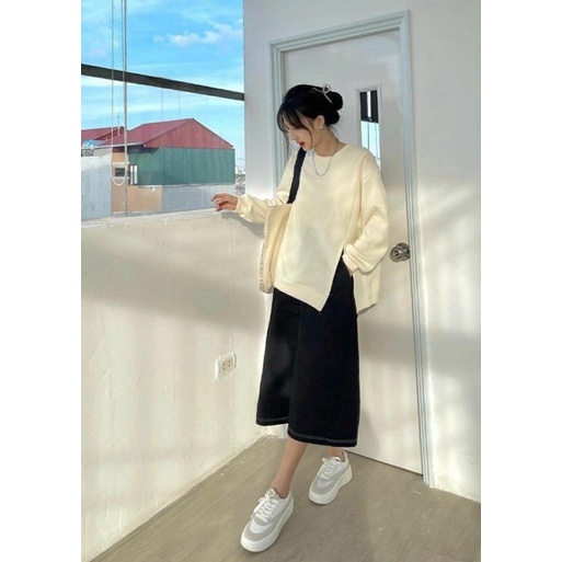 Áo sweater nữ cổ tròn xẻ tà trơn  Form rộng dài tay,áo sweate màu (đen,hồng,trắng kem) | BigBuy360 - bigbuy360.vn