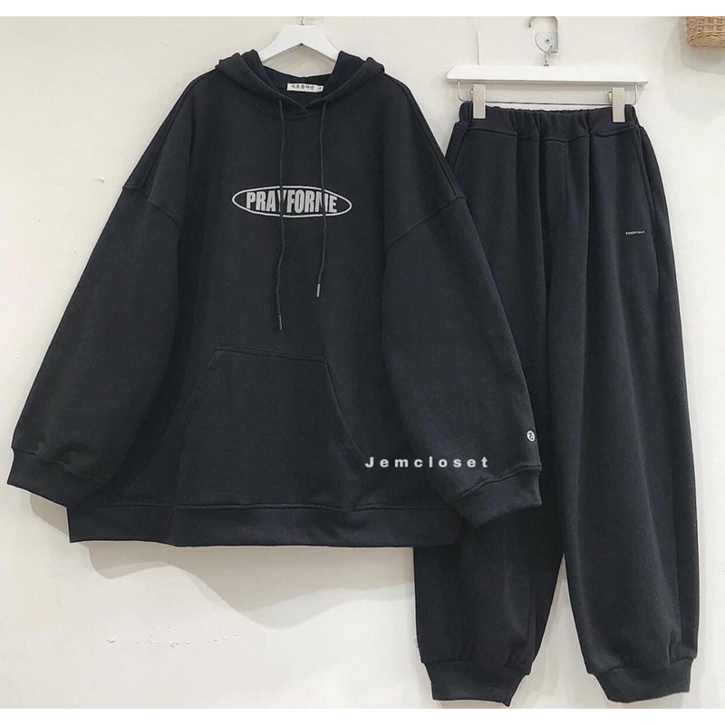 Sét bộ nỉ áo hoodie PRAY tay bồng from thụng kèm quần bom ống rộng dáng thể thao đủ màu