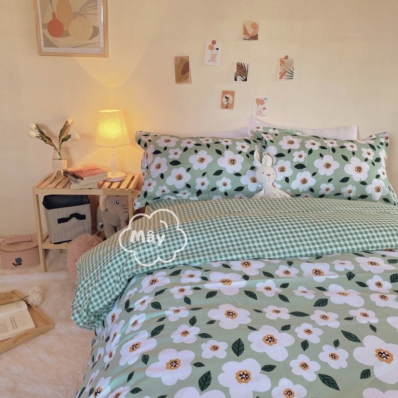 Bộ chăn ga gối Cotton Poly hoạ tiết hoa nhí nền màu xanh xám trắng hồng MÂY BEDDING đủ kích thước nệm | BigBuy360 - bigbuy360.vn