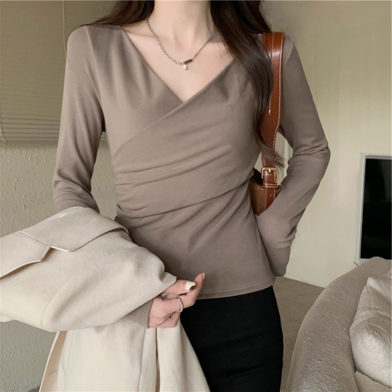 Áo Crop Top Tay Dài Cổ Chữ v Màu Sắc Thời Trang Cho Nữ