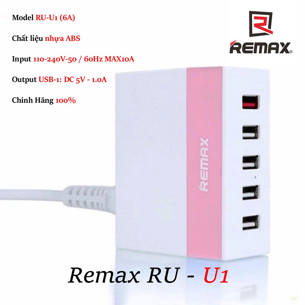 Củ (cốc) sạc 5 cổng USB Remax RU-U1 có 3 cổng 5V-1A, 1 cổng 5V-2.1A, 1 cổng 5V-2.4A hỗ trợ sạc nhanh