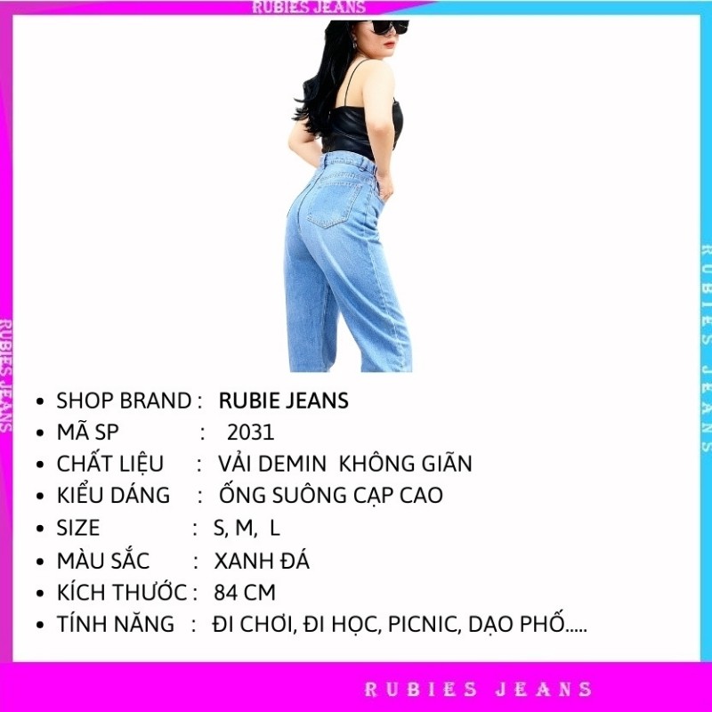 Quần jean nữ ống rộng lưng cao suông trơn nút 7 cúc chất dày đẹp dáng đứng tự nhiên màu xanh đá 2031