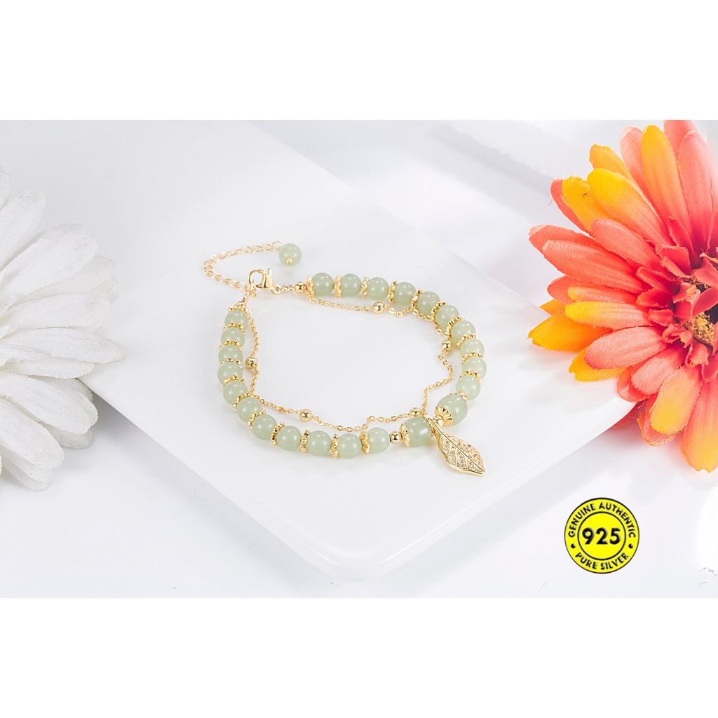 Vòng Tay Chuỗi Đôi Phối Đá Ngọc Bích Thiết Kế Cao Cấp Không Thấm Nước Phong Cách Retro Thanh Lịch