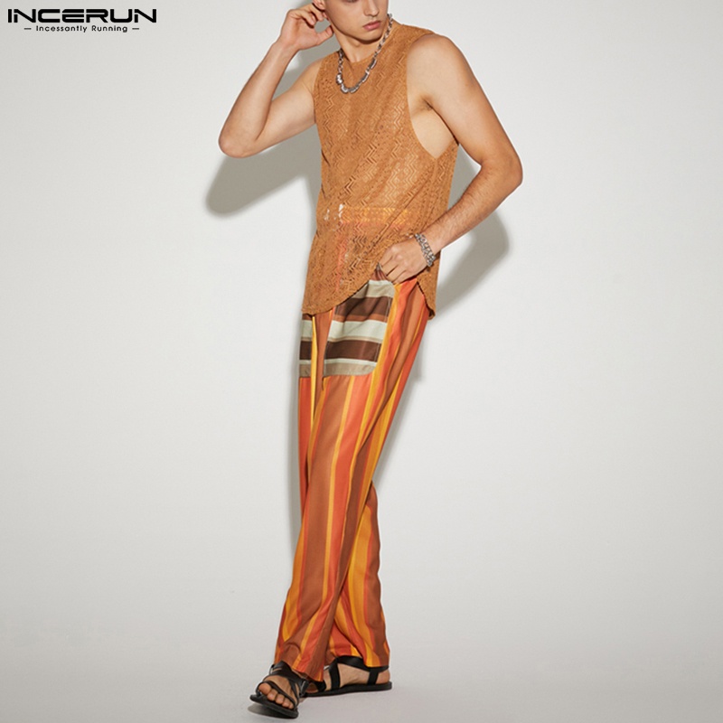 Quần dài INCERUN lưng thun rút dây họa tiết kẻ sọc nhiều màu phong cách cổ điển cho nam