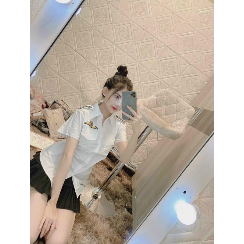 Set áo sơ mi cơ trưởng và chân váy xếp ly tầng có túi- chất vải mềm mịn, dày dặn- ann9399