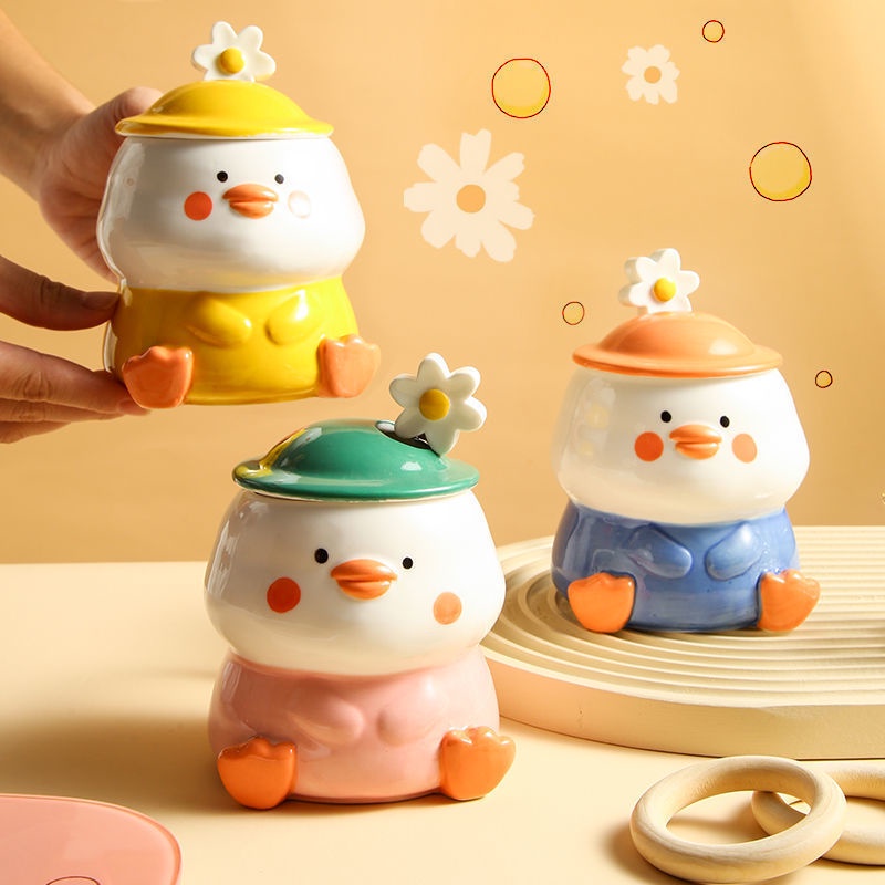 Cốc uống nước gốm hình chú vịt hoạt hình đáng yêu có nắp đậy và muỗng phong cách Hàn Quốc