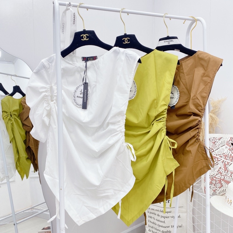 Áo kiểu nhún eo lệch vạt Áo sơ mi chất thô nến tiểu thư sang chảnh