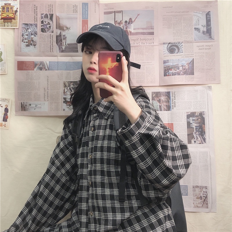 A011 Áo sơ mi kẻ caro oversize nam nữ vintage dài tay ulzzang, áo khoác chống nắng cỡ rộng tay phồng phong cách Hàn Quốc | BigBuy360 - bigbuy360.vn