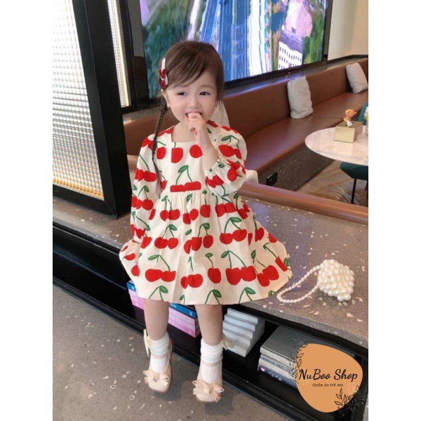 Váy cherry thu đông  cho bé gái, Váy in họa tiết quả cherry dễ thương cho bé, đầm nhung tăm thu đông