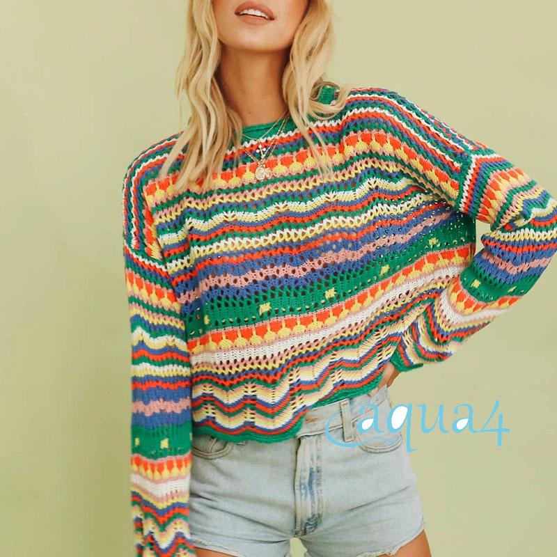 ANANA-Women Loose Style Sweater, Variegated Color Long Flared Sleeves Round Collar Knitwear