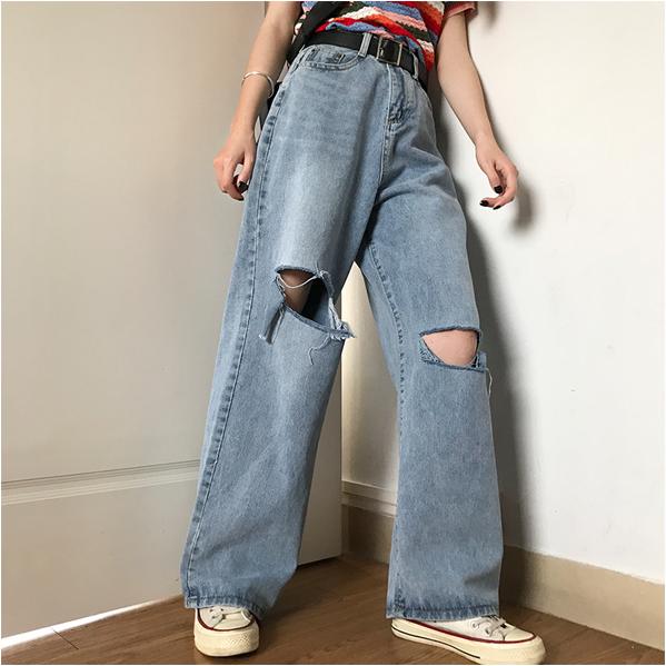 Quần jeans nữ ống rộng xẻ rách cá tính quần baggy