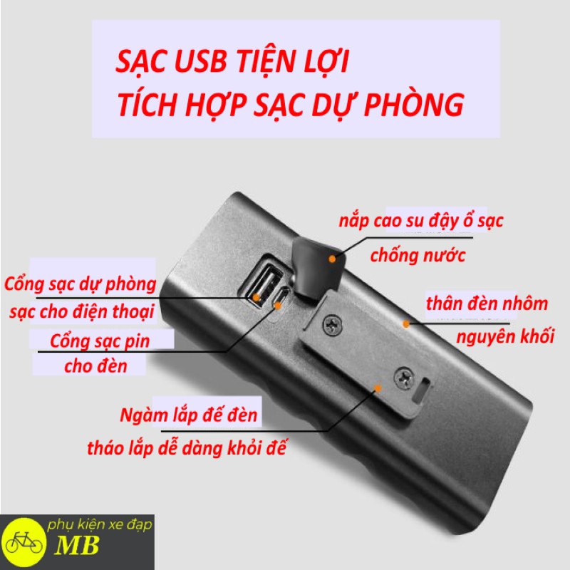 đèn xe đạp siêu sáng chống nước sạc usb tiện lợi vỏ nhôm dập nguyên khối siêu cứng 3 pha led hiệu suất cao BX3