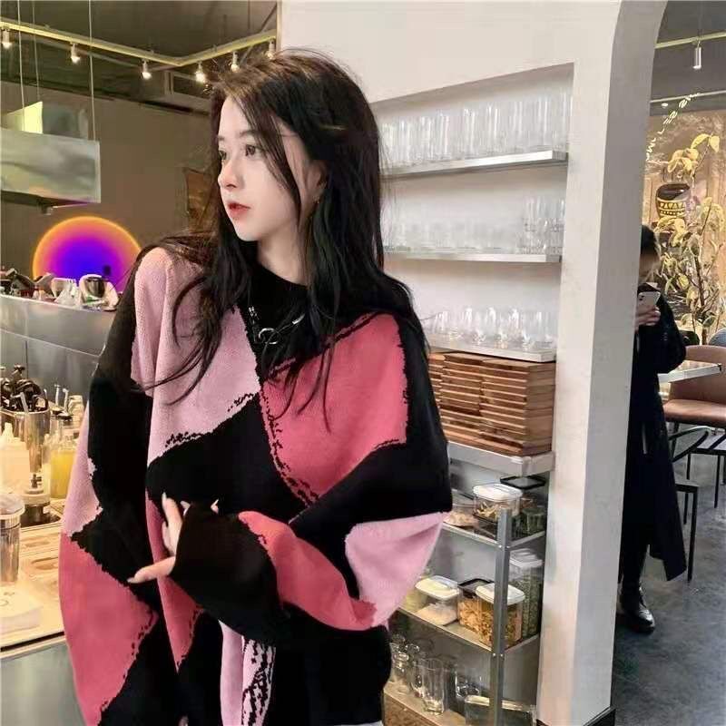 Áo Sweater Dài Tay Kẻ Caro Màu Sắc Tương Phản Cá Tính 203582 Áo Dệt Kim Dáng Rộng Phong Cách Retro Hàn Quốc