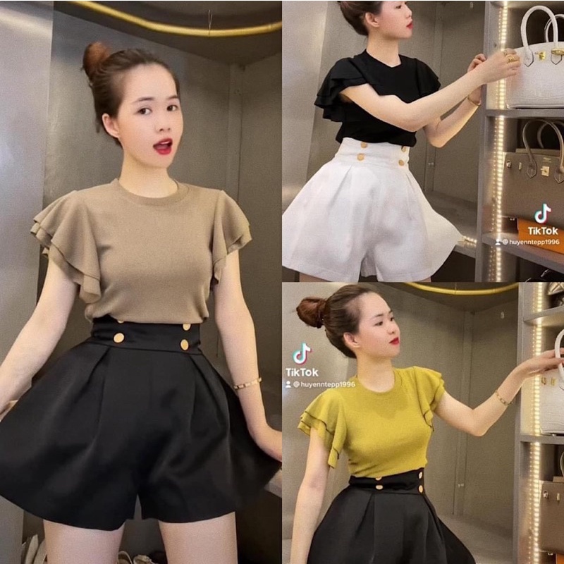 áo len tay bèo kéo cổ tròn màu đen - be - vàng