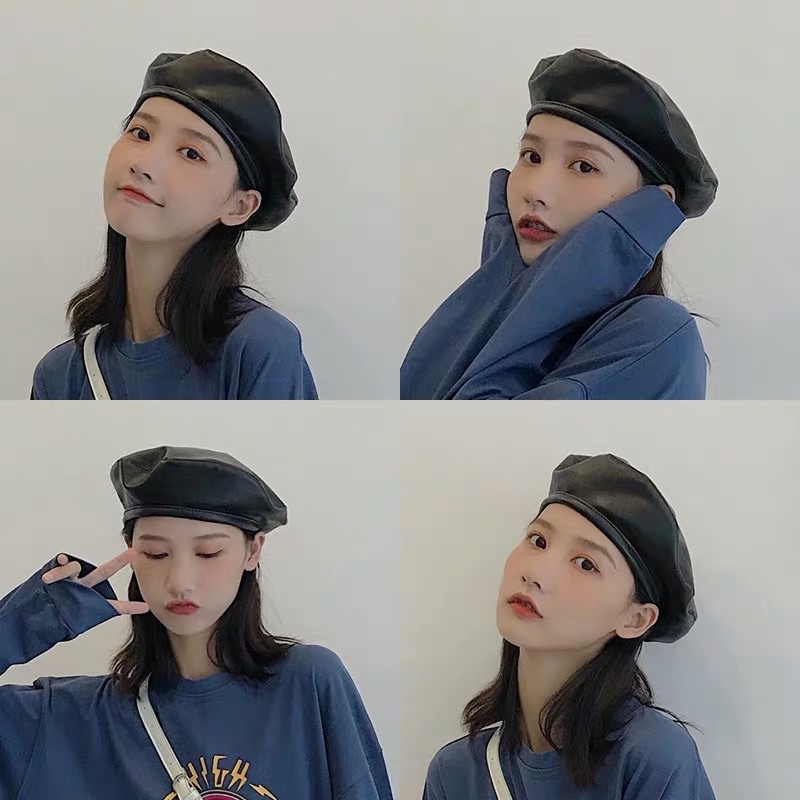 Mũ Nồi Beret NỮ CHẤT PU BA MÀU Chỉnh được kích thước HÀN QUỐC MN05