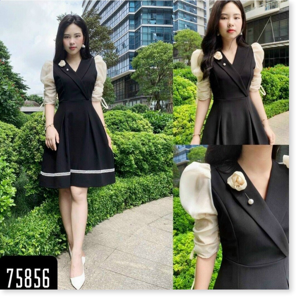 ĐẦM XÒE NỮ DỰ TIỆC KIỂU CỔ CHÉO PHỐI CÀI HOA SIÊU ĐẸP CÓ SIZE LỚN XXL