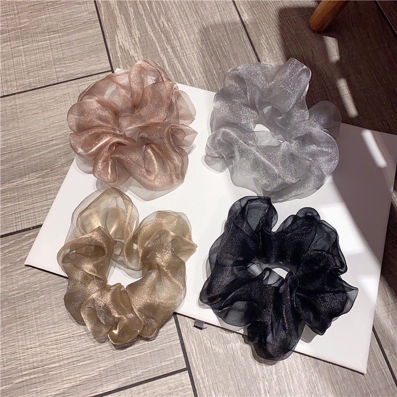 Dây cột tóc scrunchies màu trơn phối lưới vải voan bản to hot trend Hàn Quốc Tatitava
