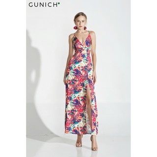 Đầm maxi lụa đan dây lưng họa tiết lá đỏ Gunich