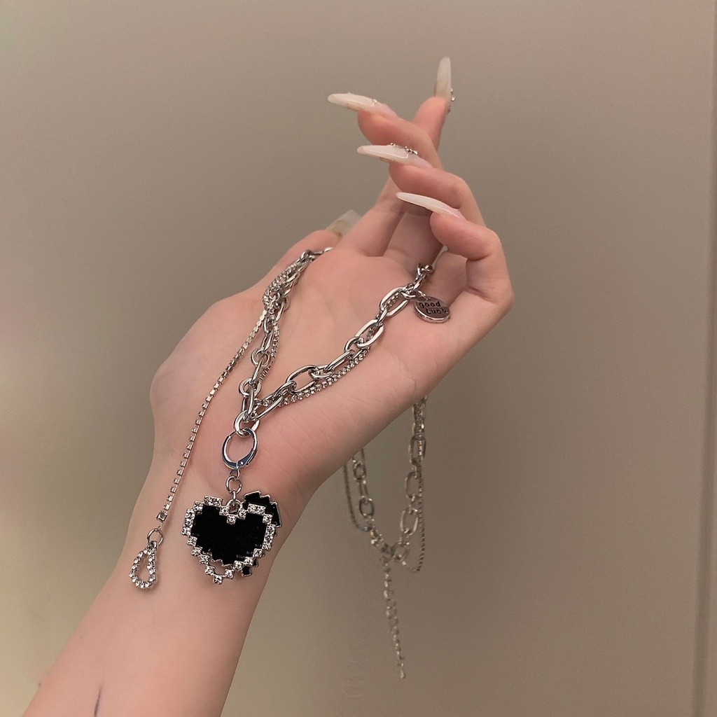 Dây Chuyền Hai Lớp Mặt Hình Trái Tim Màu Đen Phong Cách Hip Hop Hàn Quốc 19A1173