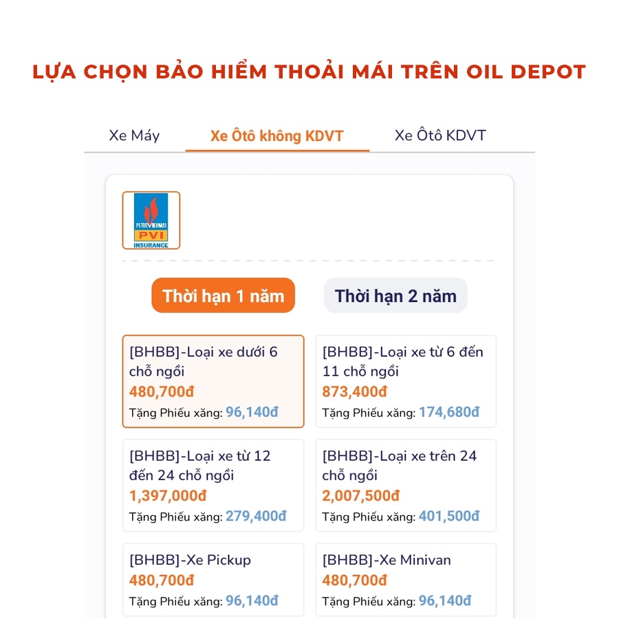 Bảo hiểm bắt buộc PVI Oil Depot - Xe không KDVT - Xe Pickup - 1 năm