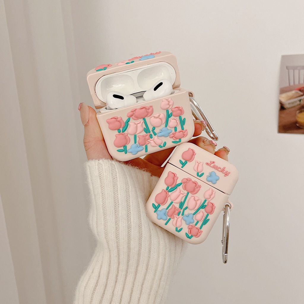 Vỏ Bảo Vệ Hộp Sạc Tai Nghe AirPods 1 2 pro 3 2021 gen3 Bluetooth Không Dây Chất Liệu Silicon Tpu Mềm Hình Hoa Tulip 3D Màu Hồng