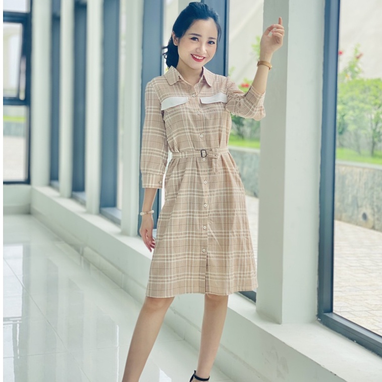 Đầm sơ mi kẻ hai màu hồng, xanh - Thương hiệu NXD - DSM01