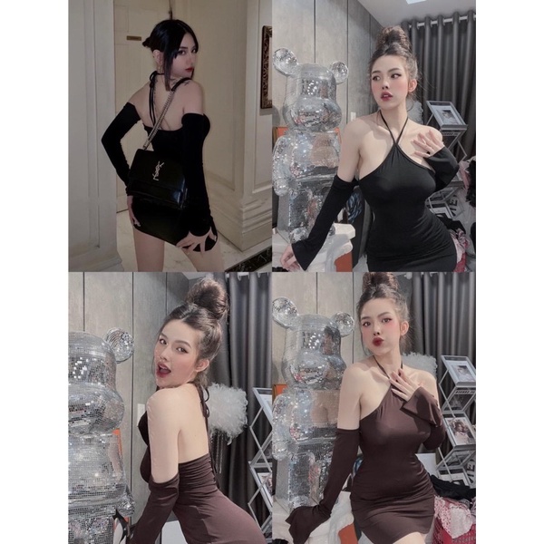 Đầm body gân dây kiểu ôm tay dài trễ vai cổ yếm sexy