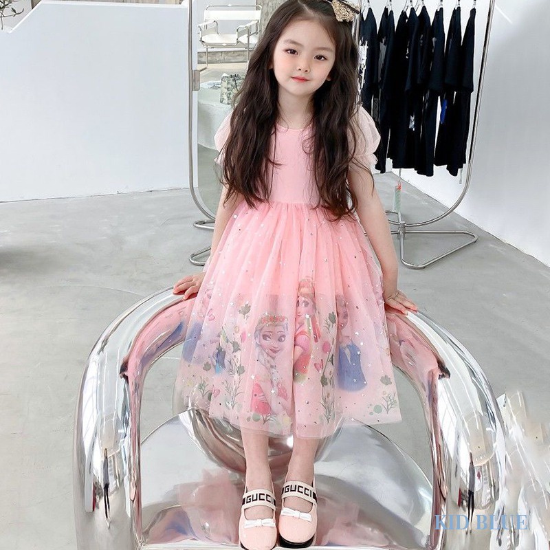 Đầm Lưới Tay Ngắn In Họa Tiết Hoạt Hình Phong Cách Hàn Quốc Thời Trang Xuân Hè Xinh Xắn Cho Bé Gái