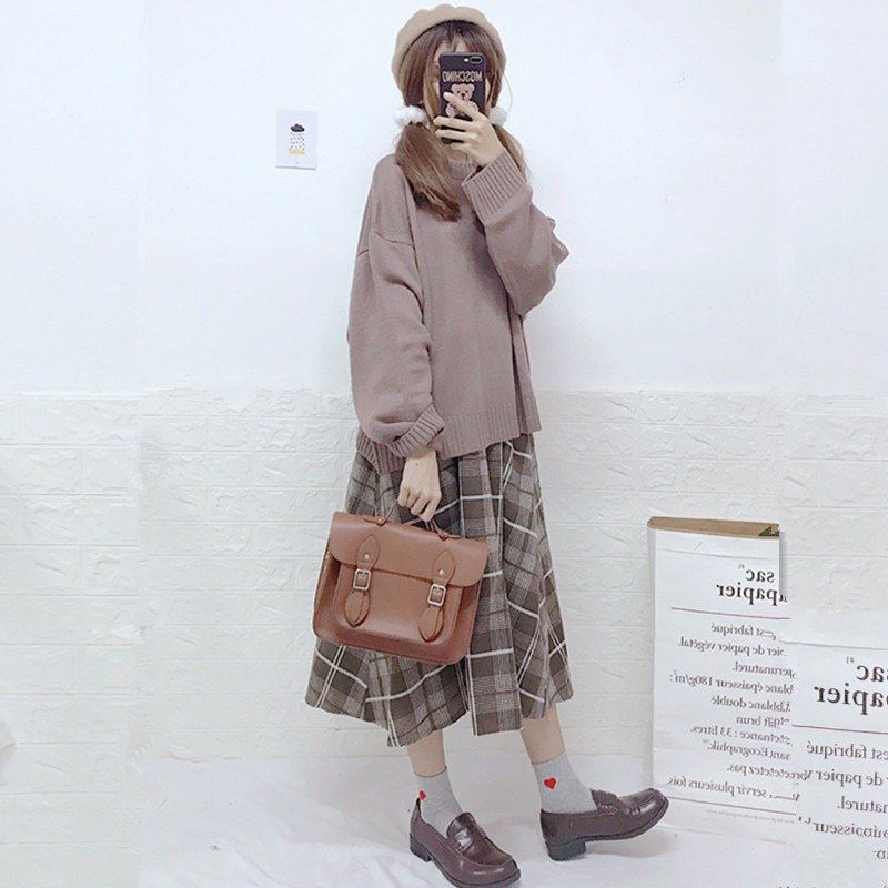 (Có sẵn) Set cô gái nhỏ Nhật Bản ngọt ngào váy kẻ phối áo len dệt kim màu tím | BigBuy360 - bigbuy360.vn