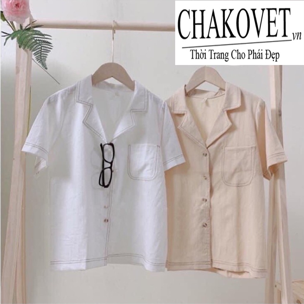 Áo sơ mi ngắn tay cổ vest phối viền chỉ cka040, kiểu áo nữ vải thô đũi viền cổ cộc tay 2 màu đẹp dáng xinh có ảnh thật