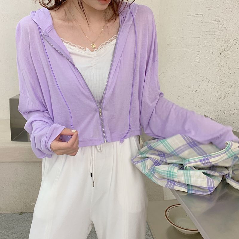 Jiashucheng Áo Khoác Cardigan Mỏng Có Nón Tay Dài Chống Nắng Phong Cách Mới Dành Cho Bạn Nữ Mặc Ngoài Trời