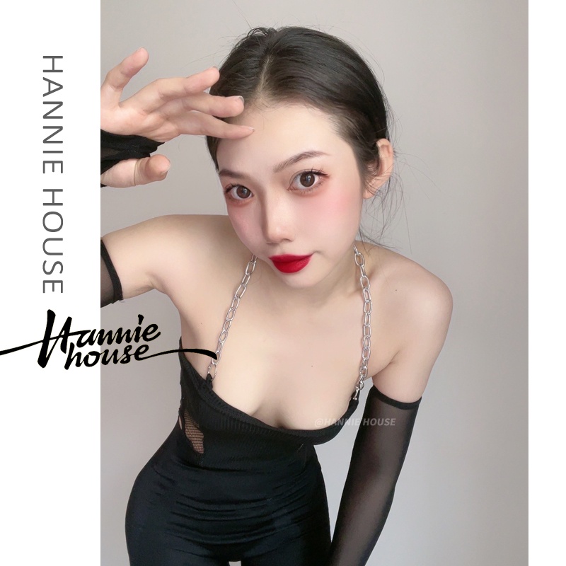 Hannie- Set Bodysuit Cổ Yếm Nối Tay Áo Lưới Phối Dây Xích Xẻ Tà