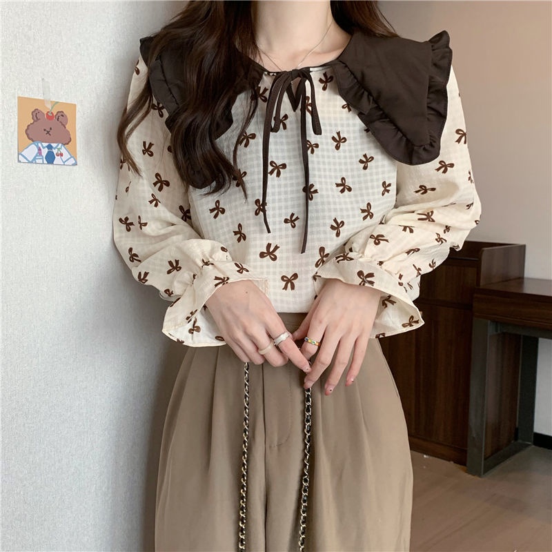 Áo Kiểu Cổ Búp Bê Họa Tiết Hoa Thiết Kế Mới Thời Trang Dành Cho Mùa Thu