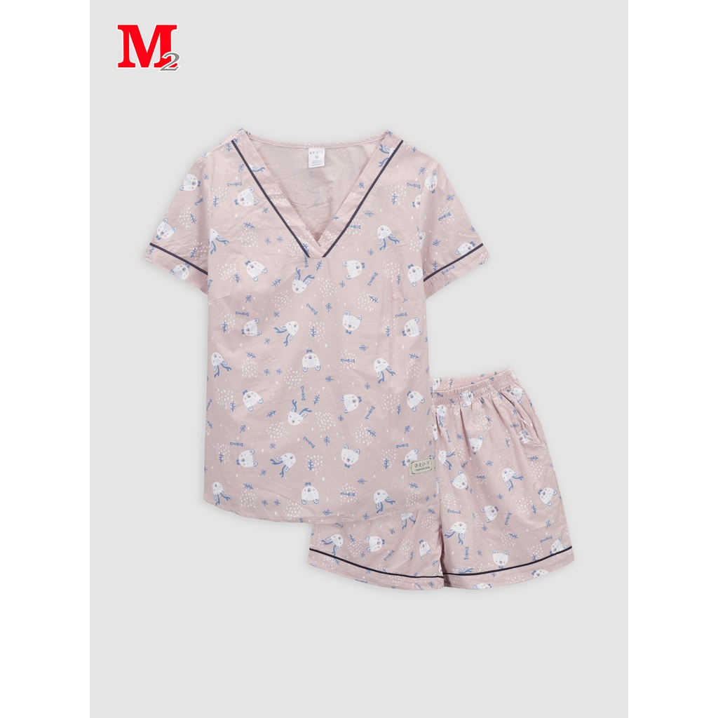 Bộ quần áo nữ cotton quần đùi áo cổ tim viền màu ghi họa tiết thỏ BBSW2007 Thời trang M2