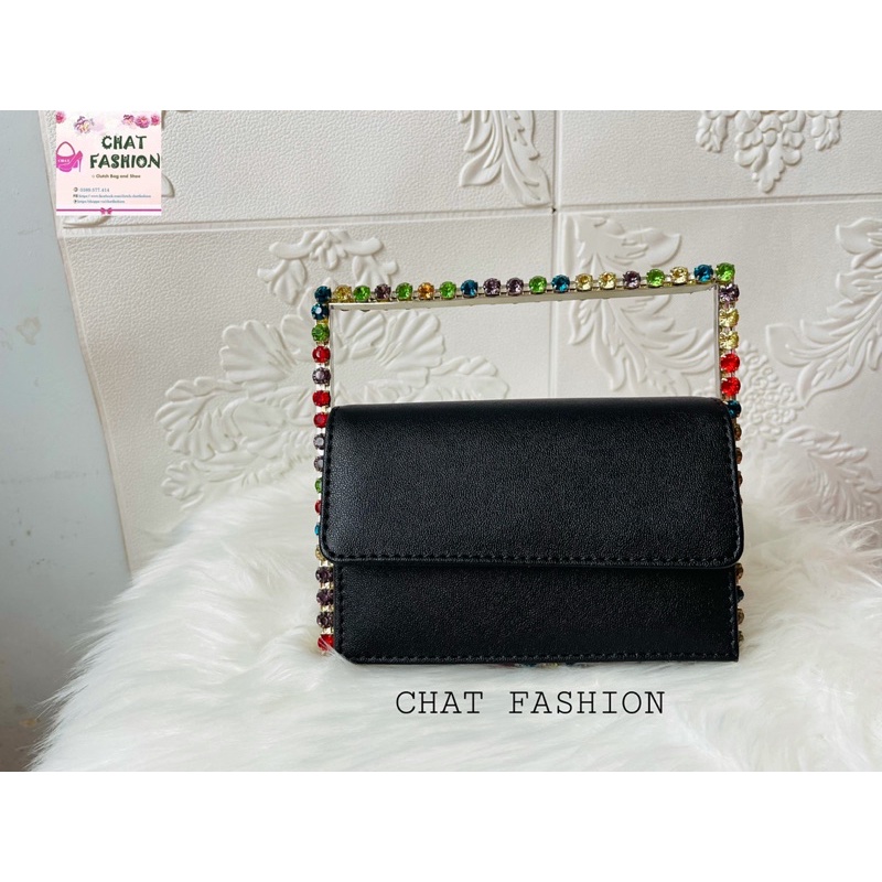 Túi clutch dự tiệc vuông nắp gập cá tính viền đá (Sale xả kho)