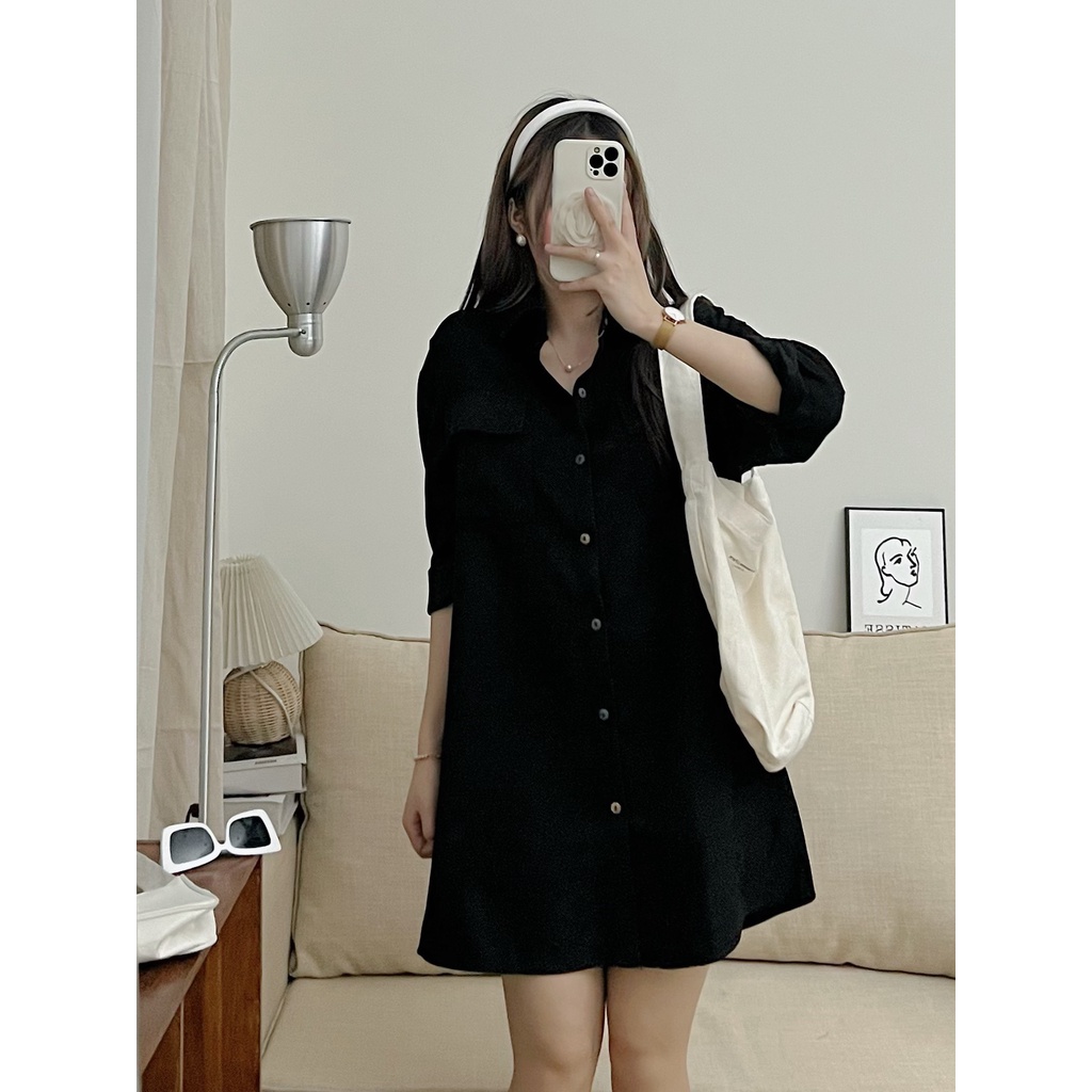 Váy sơ mi dáng dài Hàn Quốc nhung tăm basic TÚI ngực