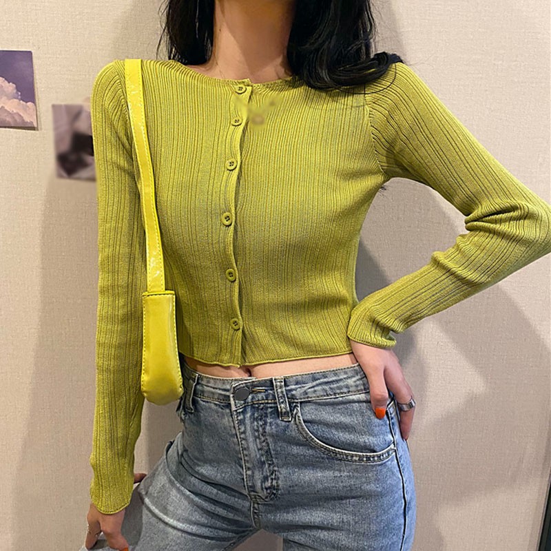 Áo Cardigan Dệt Kim Tay Dài Thiết Kế Màu Trơn Thanh Lịch