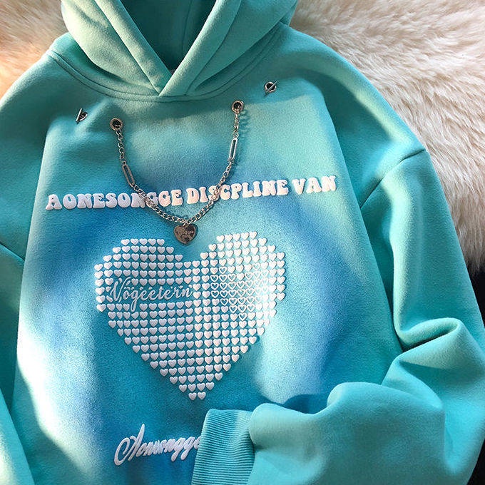 Áo hoodie bằng nỉ có mũ trùm đầu phối dây xích họa tiết trái tim thời trang thu đông dễ phối đồ cho nữ