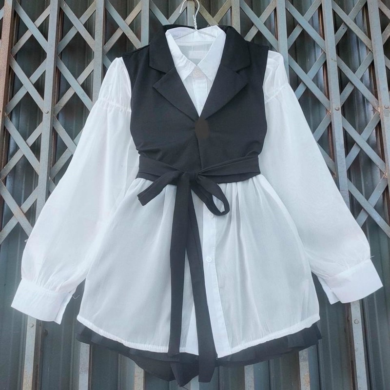 Sét đầm Sơ mi Phối áo croptop . có 3 màu đen , nude , trắng (hình thật , hàng có sẵn)