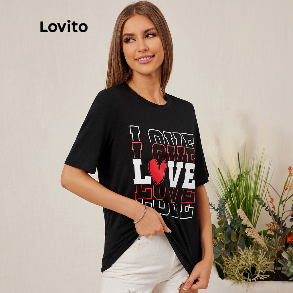 Áo thun Lovito cổ tròn tay ngắn oversize in hình trái tim phong cách hằng ngày L18D122 (Màu đen)