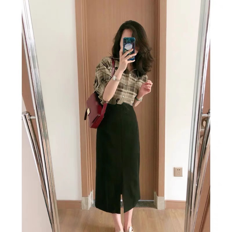 Chân váy công sở xẻ tà giữa phong cách retro, Chân váy chữ A dáng dài xẻ tà giữa hàng Quảng Châu (cí