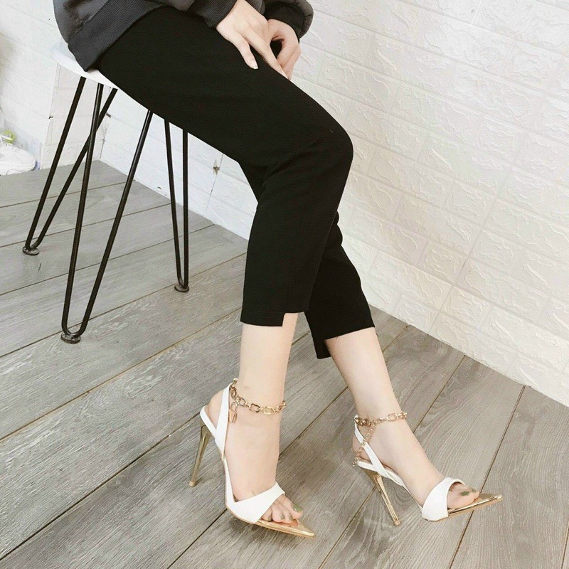 Sandal bản mũi nhọn vàng vòng cổ xích gót nhọn 9p (hàng đẹp)