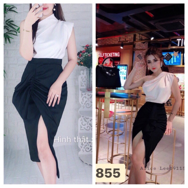 Set áo váy lệch vai
