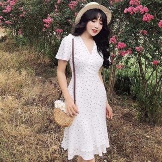 Đầm bi cổ v 2 màu
