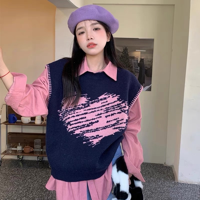 Áo len nữ gile, áo vest không tay hình trái tym trẻ trung